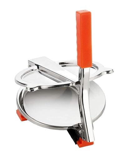 Image of Stainless Steel 6.5 inch Roti Press Maker Machine For Making Chapati, Puri, Khakhra, Papad, Pathiri and Manual Hand Press with Handle - Orange-Silver (Medium)