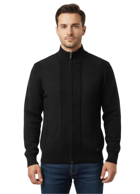 Classic Men's Full-Zip Mock Neck Sweater, Black Knit Cardigan, Winter Casual Wear | Size : L
