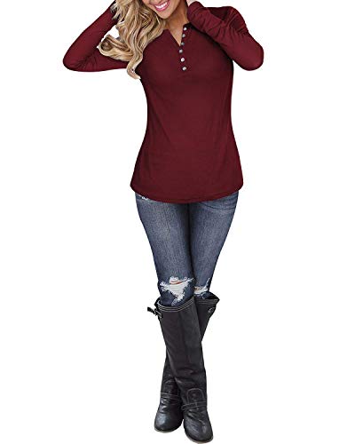 KILIG Women's Long Sleeve Henley Shirts V Neck Button T Shirt Basic Casual Plain Tops (A10-Wine, Large)