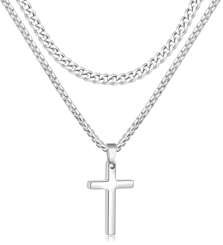 Fiusem 2 Pcs Cross Chain Necklace for Men and Women, Silver/Gold/Black Layered Mens Cross Necklaces Stainless Steel Cross Pendant with Cuban Link and Box Chain 16-26 Inch
