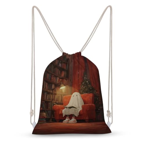 Cute Ghost Reading in Armchair Drawstring Backpack Canvas String Bag Lightweight Sports Gym Bag for Men Women