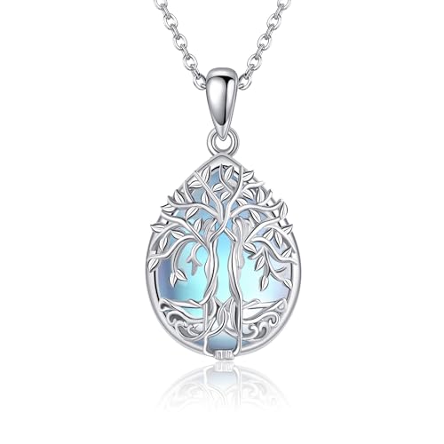 ONEFINITY Tree of Life Necklace Sterling Silver Moonstone Tree of Life Pendant Necklace Family Tree Jewelry for Women Girls Gifts