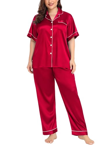 Image of SWOMOG Women's Plus Size Pajamas Silk Satin Pajama Set Short Sleeve Shirt with Full-Length Pants Pjs Sleepwear Set 18W-26W