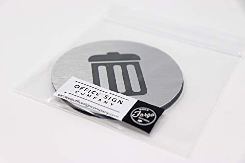 Metal Trash & Recycling Signs | Garbage & Recycling Bin Marker | Set of 2 - 1 Black Trash Sign & 1 Green Recycle Sign | 3" Round, Brushed Silver Aluminum Signs | Made in USA - Thumbnail 7