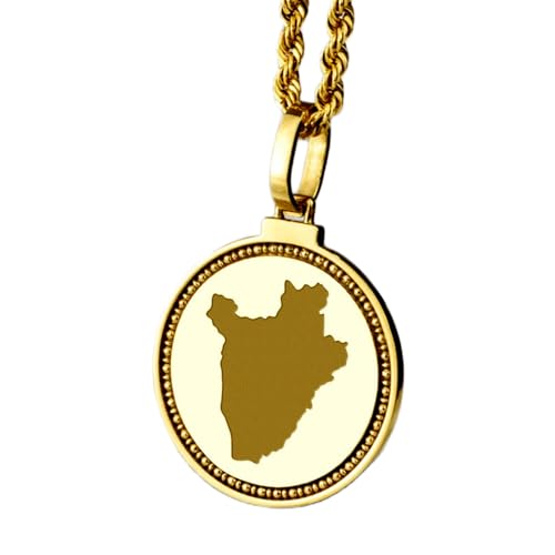 WORLD WIDE GEMS Pendentif rond en argent sterling 925, gravé d'une carte du Burundi (25 mm), plaqué or, bijou de voyage unisexe | WW_EGMP_0162