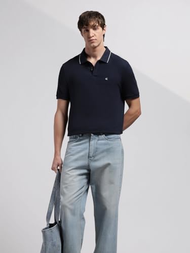 Image of Calvin Klein Jeans Solid Regular Fit Cotton Polo T-Shirt Breezy Blue