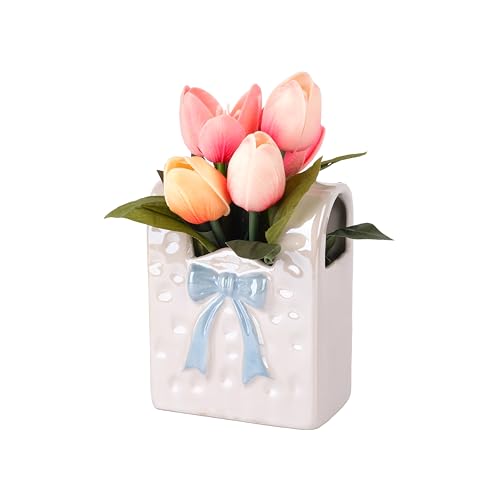FLOROAD Spring Decor, Artificial Tulips in Ceramic Vase Spring Easter Table Centerpiece for Home Indoor Table Shelf Mantel Living Room Bathroom Bedroom Dining Coffee Bar Kitchen Decoration