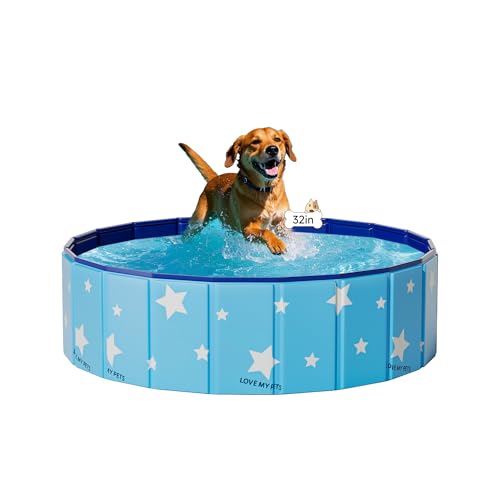12in deep Foldable Dog Pool,Hard Plastic Kiddie Pool for Kids,Indoor Dogs Bathtub for Pet Bathing,Portable PVC Dog tub,Outdoor Kids Swimming Pool(Blue Star, 32in)