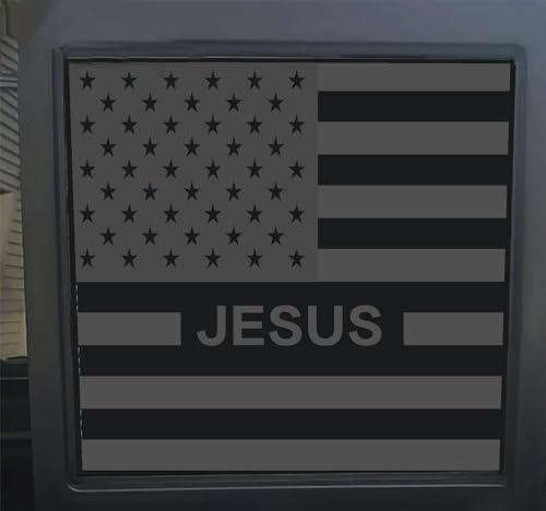 Image of Xinghe for 2019-2026 Chevy Silverado GMC Sierra, Rear Middle Window Jesus American Flag Decals Stickers, Matte Black Vinyl Sticker for Center Sliding Back Window, Patriotic Truck Accessory