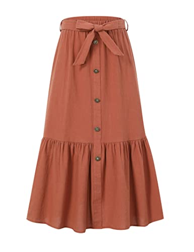 Image of Maxi Skorts Skirt for Girls Button Front High Waisted Long Skirt with Belt Ruffled Skirts with Pocket 3-12Years