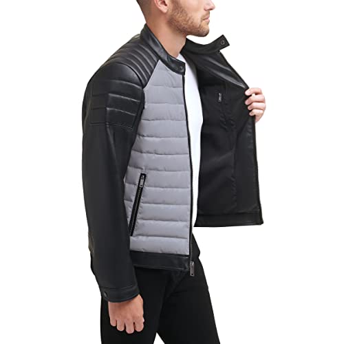 Image of DKNY Men's Mixed Media Faux Leather Puffer Motocross Racer Jacket