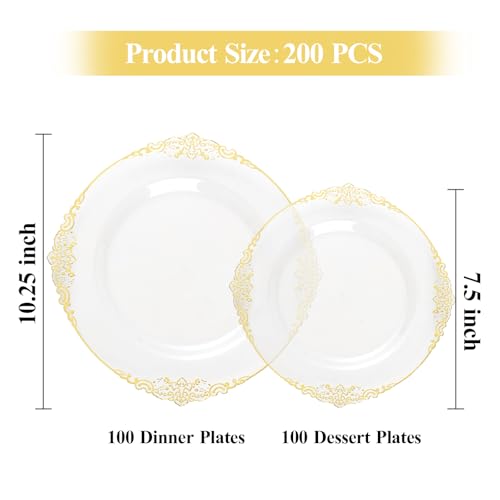 100 Guest Clear Gold Trimmed Plastic Plates, Dinner & Dessert Sets for Party