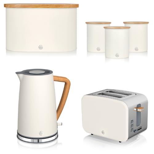 Swan Nordic Cotton White 1.7L Jug Kettle, 2 Slice Toaster, Bread Bin and Tea, Coffee, Sugar Canisters. Scandinavian Inspired Design Matching Kitchen Set of 6 in Cotton White