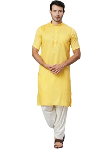 Image of Rajubhai Hargovindas Men's Pure Cotton Woven Design Half Sleeve Kurta