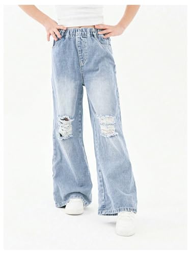 WDIRARA Girl's Elastic Waist Ripped Jeans Distressed Wide Leg Denim Pants3