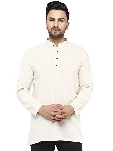 SKAVIJ Hombre Túnica Camisa Kurta Corta De Algodón Indio (Blanquecino, M)