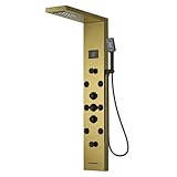 BATHLAVISH Shower Panel Tower System Stainless Steel LED Rainfall Waterfall Shower Head 5-Function Faucet Rain Massage System Wall Mount with 8 Body Jets, Handheld, and Tub Spout, Gold