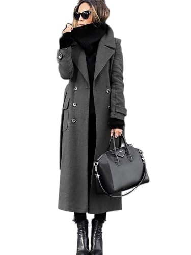 Godoboo Damen Wollmantel mit Umlegekragen Lang Damen Trenchcoat Zweireiher mit Gürtel Damen Frühling Jacke Winddichte Slim Fit Einfarbig Midimantel