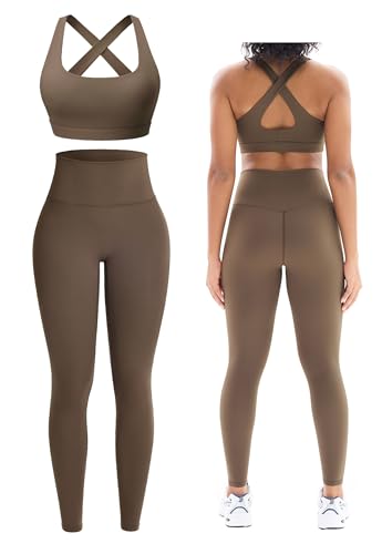 Workout Sets for Women 2 Piece Outfits Cute Gym Athletic Pilates Clothes Conjunto Deportivo Para Mujer Seamless High Waist Yoga Leggings and Padded Sports Bras Two Piece Matching Set (P080 Kha S)