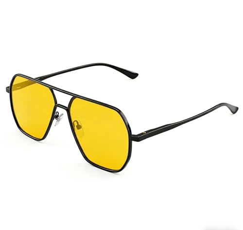 BTOBTYD Aviator Sunglasses For Women Men Yellow Night Vision Lens UV400 Protection Metal Frame Anti-Glare Unisex Shades Fashion Trendy Eyewear for Night Driving Dark Area Outdoor Daily Wear