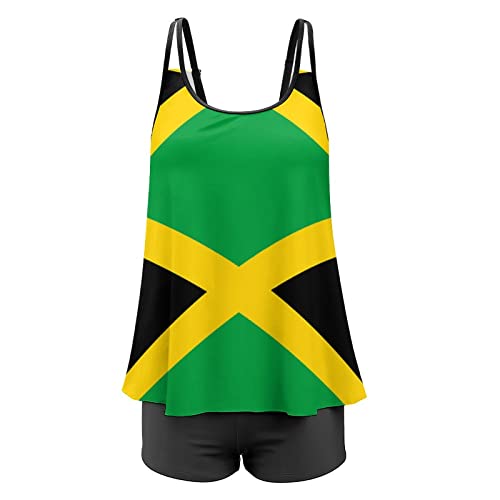 Jamaican FlagWomen's Plus Size Two Piece Flowy Bikini with Shorts High Waisted Tummy Control2