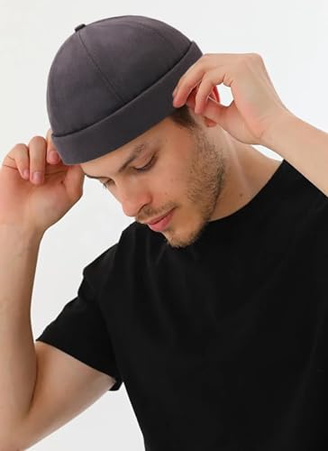 Image of 2 Pcs Mens Brimless Docker Cap Set - Retro Worker Sailor Skull Cap Beanie with Rolled Cuff