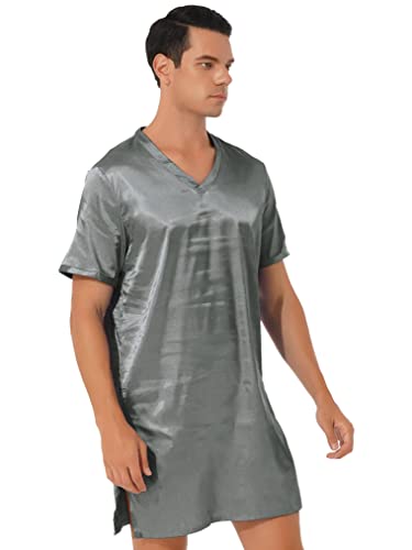 Mens Satin Night Shirt V Neck Short Sleeve Sleep Shirt Loose Comfy Nightgown3