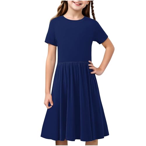 Girls Summer Casual Dresses A Line Swing Flowy Dress Basic Short Sleeve Dress Solid Color Dresses School Uniform