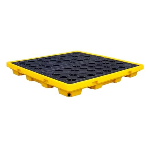 Pallet industriale modulare per contenimento delle perdite, vassoio per perdite di petrolio con design impilabile, piattaforma resistente per la gestione di liquidi pericolosi, giallo, 130 x