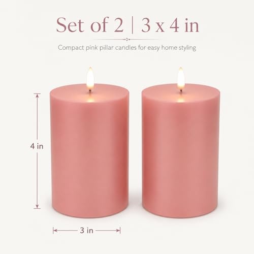 Image of ANGELLOONG Pink Electric Candles 3x4 Set of 2, Battery Operated LED Pillar Candles for Home Decoration, Flameless Decorative Candles for Living Room Decor and Table Decor