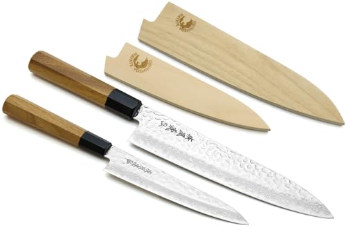 Yoshihiro 46 Layers Hammered Damascus Gyuto Chef Knife and Petty Utility Knife SET (Gyuto 8.25'' (210mm) & Petty 6'' (150mm), Ambrosia Handle)