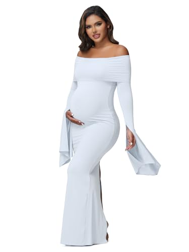 JustVH Vestido de maternidad de manga larga para mujer, con hombros descubiertos, para fotografía de embarazo, baby shower, sesión de fotos, Blanco, Large