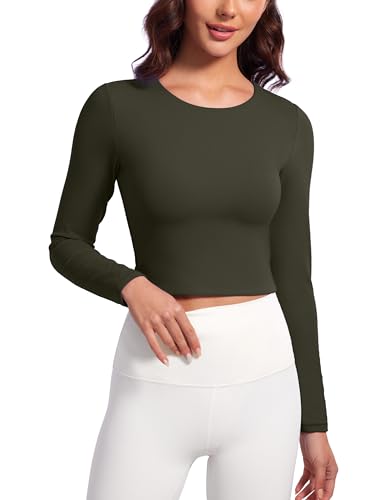 CRZ YOGA Butterluxe Double Lined Long Sleeve Workout Tops for Women Crew Neck Fitted Crop Tshirts Casual Tight Basic Shirts