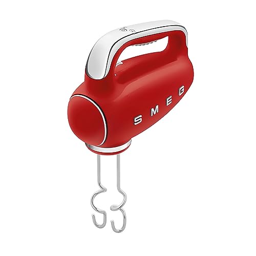 Smeg, Batteur Électrique HMF01RDEU, 9 Niveaux de Vitesse, Fonction Turbo, Système de Démarrage Smooth Start, 4 Batteurs, 2 Crochets Pétrisseurs et Enrouleur de Câble Fournis, 250W, Rouge