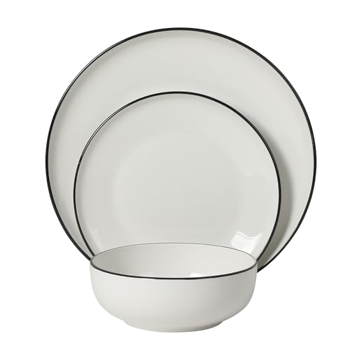 Image of Gibson Home Havenstone 12-Piece Porcelain Dinnerware Set - Dinner Plates, Salad Plates & Bowls, Classic White With Black Rim Everyday Dish Set for Home, Kitchen, Microwave & Dishwasher Safe