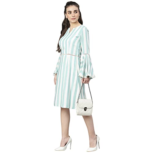 Image of DEEBACO Women's A Line /Fit & Flare Knee Length Dresses for Women Bell Sleeve Printed Striped Dress Midi for Girls Western Lace Dresses (Pink, Blue, Green, Yellow)