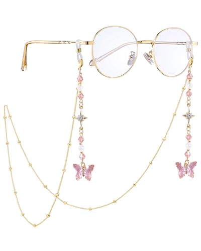 COSUCOS Butterfly Sunglasses Chain for Women - Pink Glasses Holder Necklace with Butterfly Tassel Eyeglasses Holders Around Neck Glasses Lanyard for Eyewear Retainer Strap