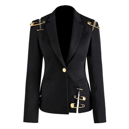 Women's Loose Black Hollow Pin Patchwork Jacket Blazer Lapel Long Sleeve Jacket2