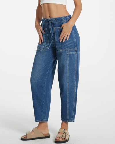 Women Casual Loose Cropped Pants Denim Bloomers Elastic Waist with Pockets4