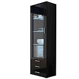 wohnwand schwarz weis hochglanz Masse: B/H/T 60/192/41 cm Furniture24 Vitrine mit Blauer LED Beleuchtung SOHO S1 Vitrinenschrank Standvitrine Stauraumvitrine Glasvitrine Schrank Wohnzimmerschrank (Schwarz/Schwarz Hochglanz)