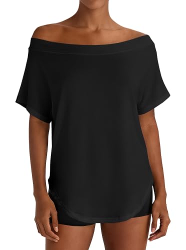 Image of Hilinker Women's Sheer Off The Shoulder Tops See Through Sexy Short Sleeve Mesh Shirt Summer