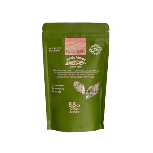 MARAS GOURMET | Sal de Maras | Sal rosa peruana con especias aromáticas – Sabor único y cosecha a mano | Sin refinar | 250g | (Sal rosada con especias, grano grueso)