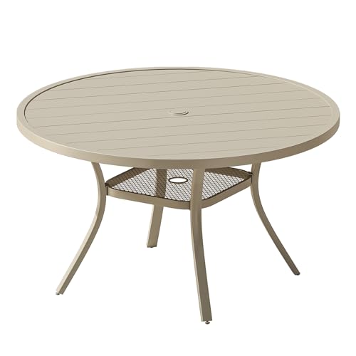 Image of VICLLAX 47.2 inch Round Patio Table, Outdoor Dining Table for 6 with Umbrella Hole for Garden Lawn Deck Backyard, Sandshell