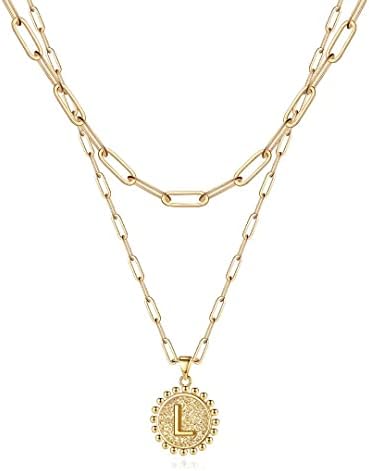 Ursteel Gold Necklaces for Women, 14K Gold Plated Layered Chain Necklace for Women Letter L Initial Coin Pendant Necklaces Paperclip Necklaces for Women Jewelry Gifts