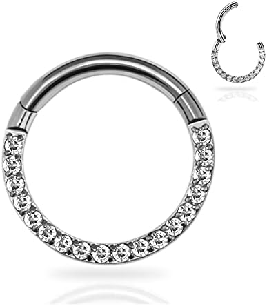 Tiremat 2PCS 6mm&8mm G23 Titanium Body Piercing Rings for Nose Ear Lip Septum Conch Daith Lobe Helix Tragus Cartilage,16G,Hinged Clicker Segment Hoop with CZ paved