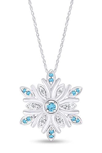 Wishrocks Round Cut Swiss Blue Topaz Gemstone & Natural White Diamond Accent Snowflake Pendant Necklace In 14K White Gold Over Sterling Silver Along With 18  Chain Jewelry For Women