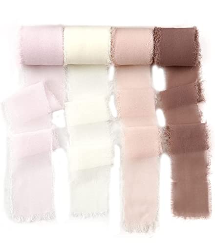 Chiffon-Band, 4 Rollen, handgefertigt, Seidenband, Fransen, Chiffon-Gaze, 1,5 Zoll * 5 Yd, Dusty Rose Ribbons Set für Hochzeit, Brautstrauß, Einladungen, Foto-Requisiten, Styling-Band Cover