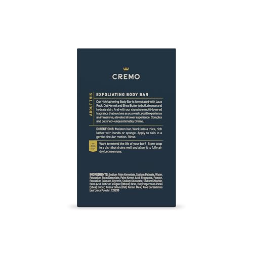 Cremo Exfoliating Body Bar for Men, Palo Santo Scent, Multi-Layered Fragrance That Buffs, Cleanses and Hydrates Skin, 5oz