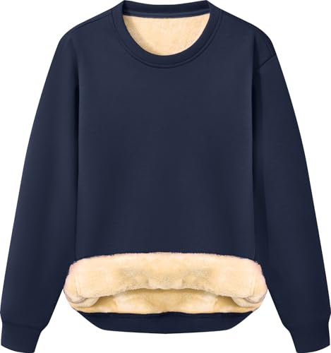 Image of Peakwell Women's Winter Sweatshirts Warm Jumper Sherpa-Lined Crewneck Pullover Soft Sweaters Casual Long Sleeve, Dark Blue, L