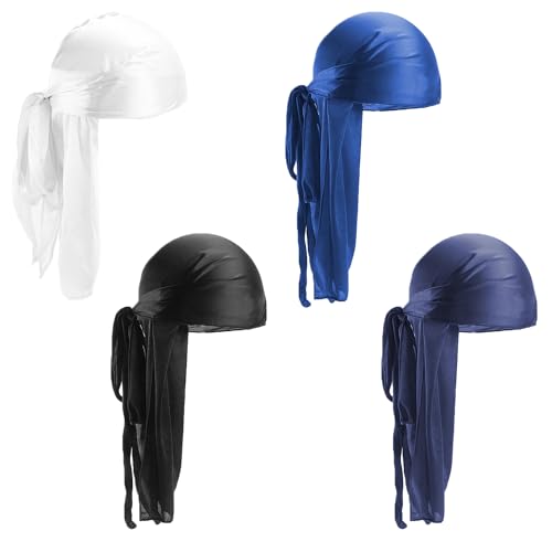 4 Piezas de Sombreros de Seda: Turbante de Cola Larga, Gorro Ondulado, Sombrero Durag Ajustable, Turbante Pirata, Diadema Elástica para Hombre (4 Colores)